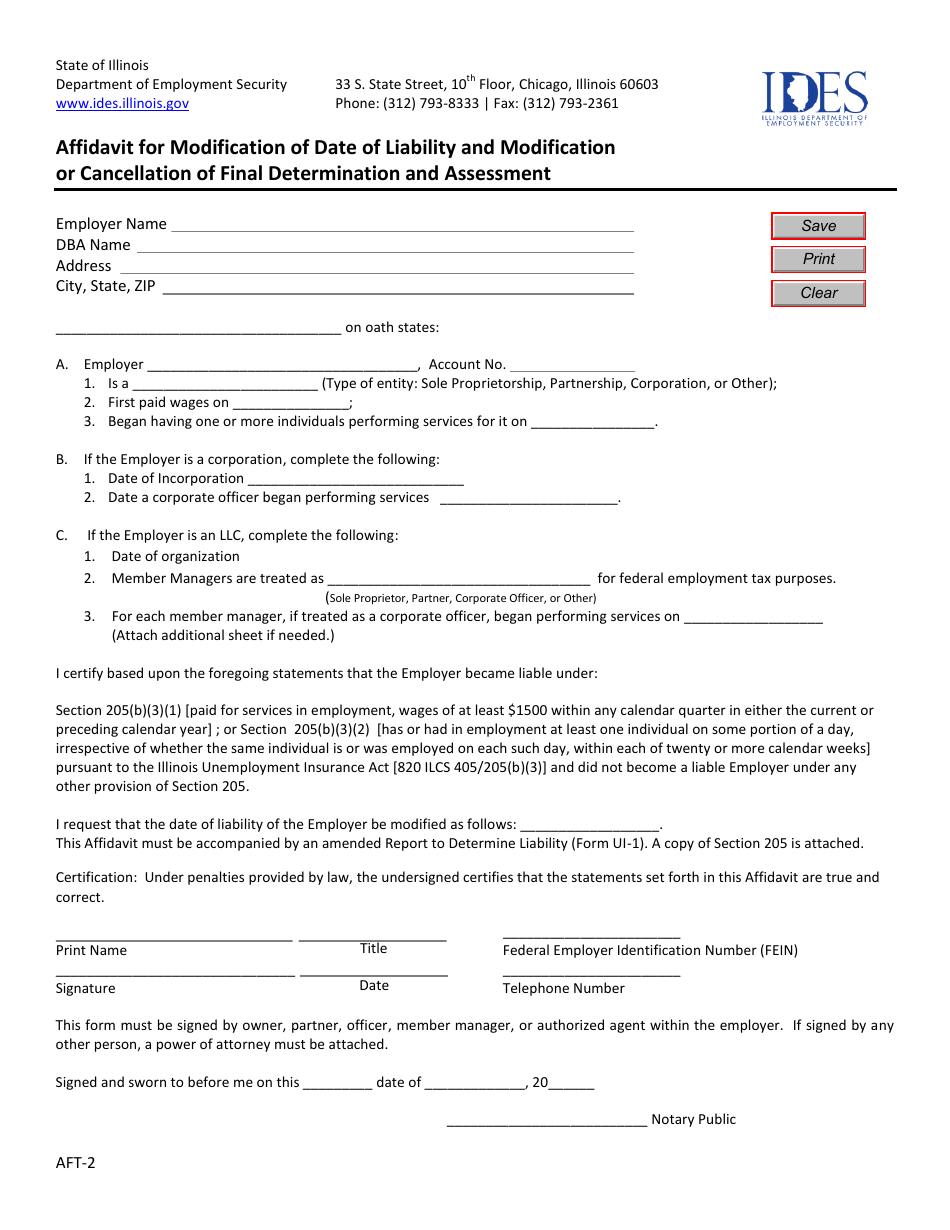 Form AFT-2 Affidavit for Modification of Date of Liability and Modification or Cancellation of Final Determination and Assessment - Illinois, Page 1