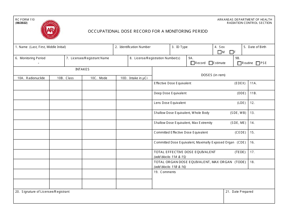 RC Form 110 Occupational Dose Record for a Monitoring Period - Arkansas, Page 1