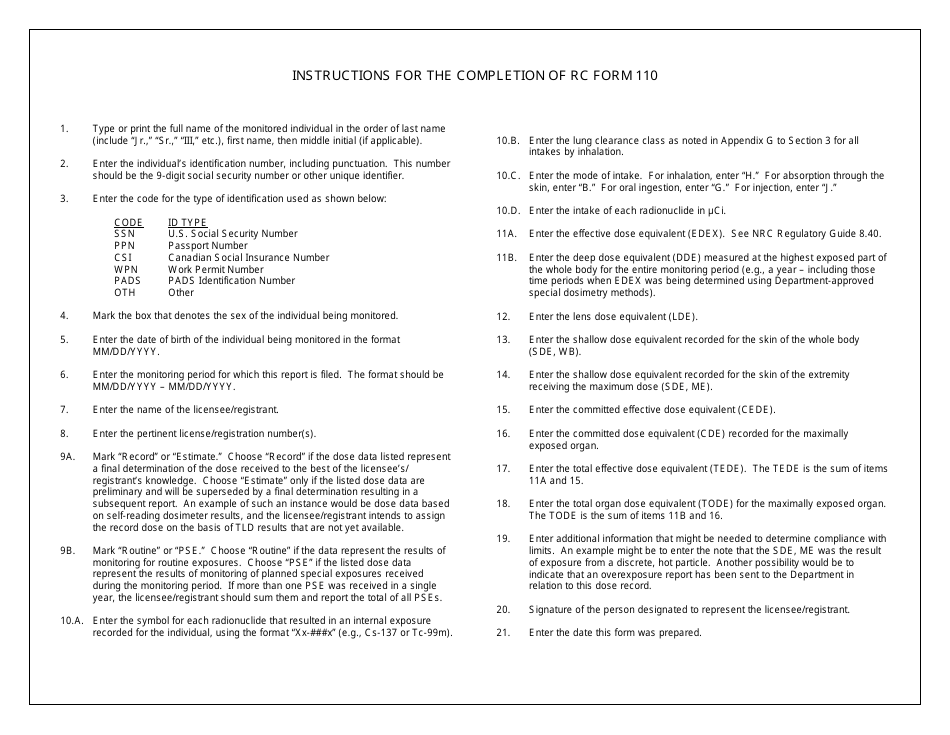 RC Form 110 Occupational Dose Record for a Monitoring Period - Arkansas, Page 2