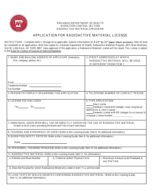 Application for Radioactive Material License - Arkansas Download Pdf