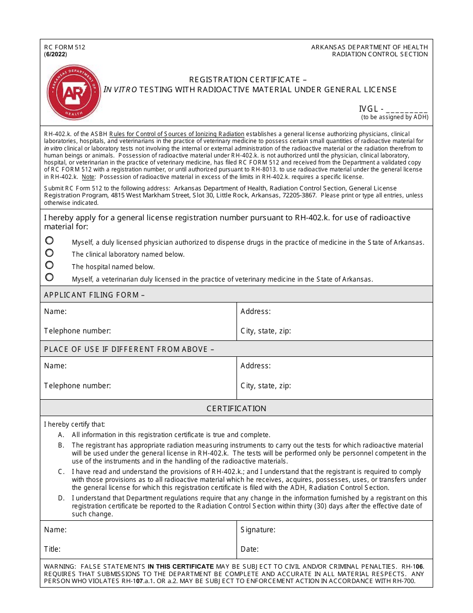 RC Form 512 Registration Certificate - in Vitro Testing With Radioactive Material Under General License - Arkansas, Page 1