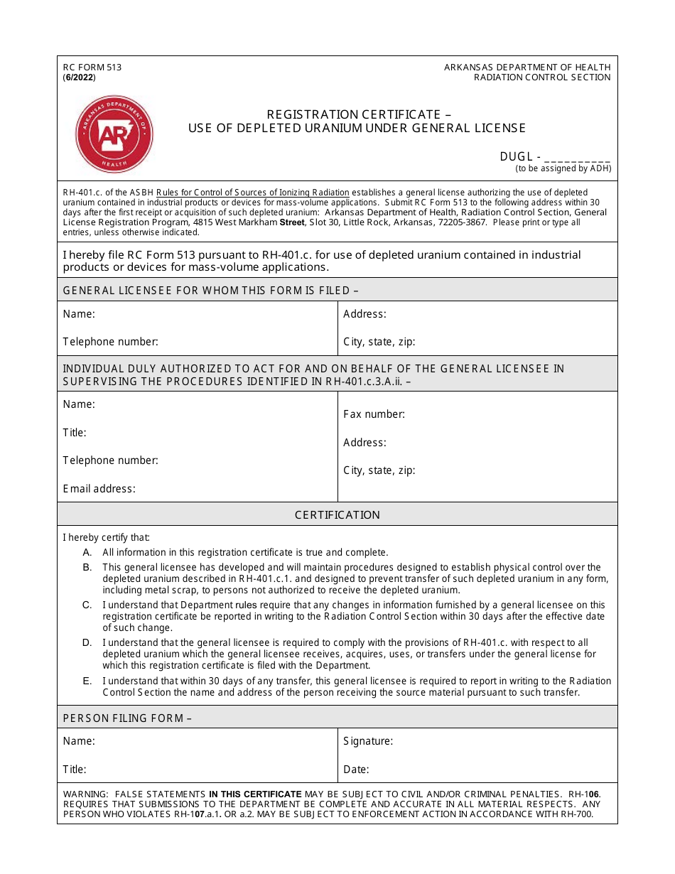 RC Form 513 Registration Certificate - Use of Depleted Uranium Under General License - Arkansas, Page 1