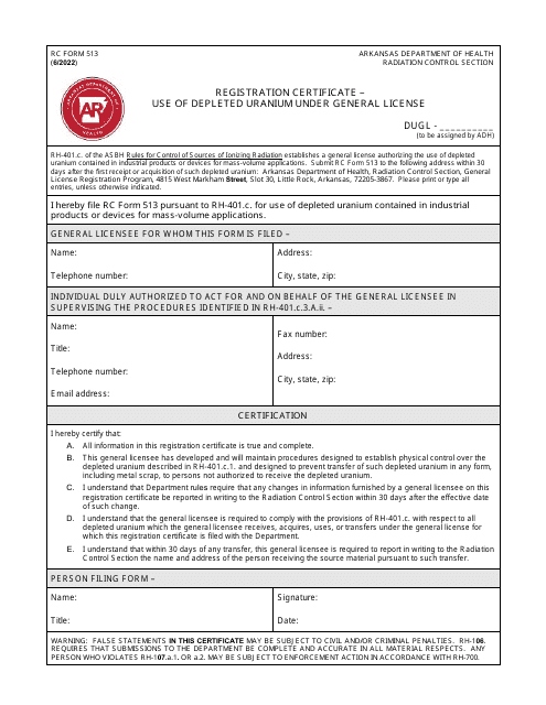 RC Form 513 Registration Certificate - Use of Depleted Uranium Under General License - Arkansas