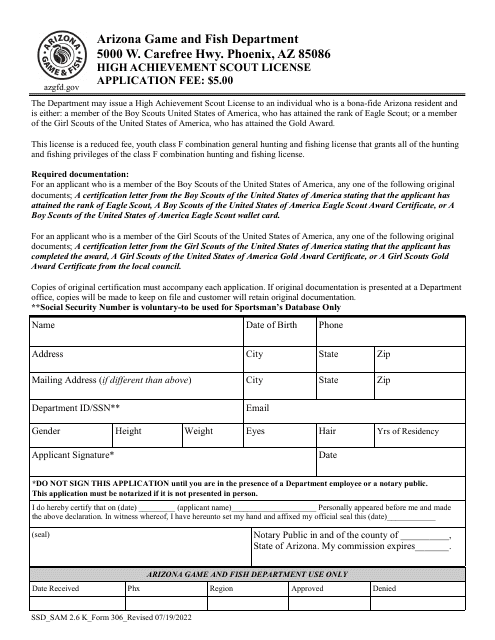 Form 306 High Achievement Scout License Application - Arizona