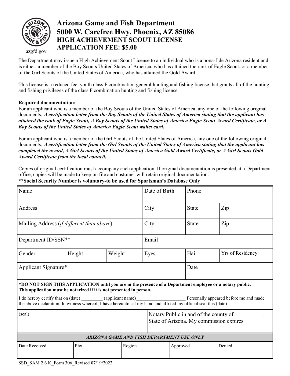 Form 306 High Achievement Scout License Application - Arizona, Page 1