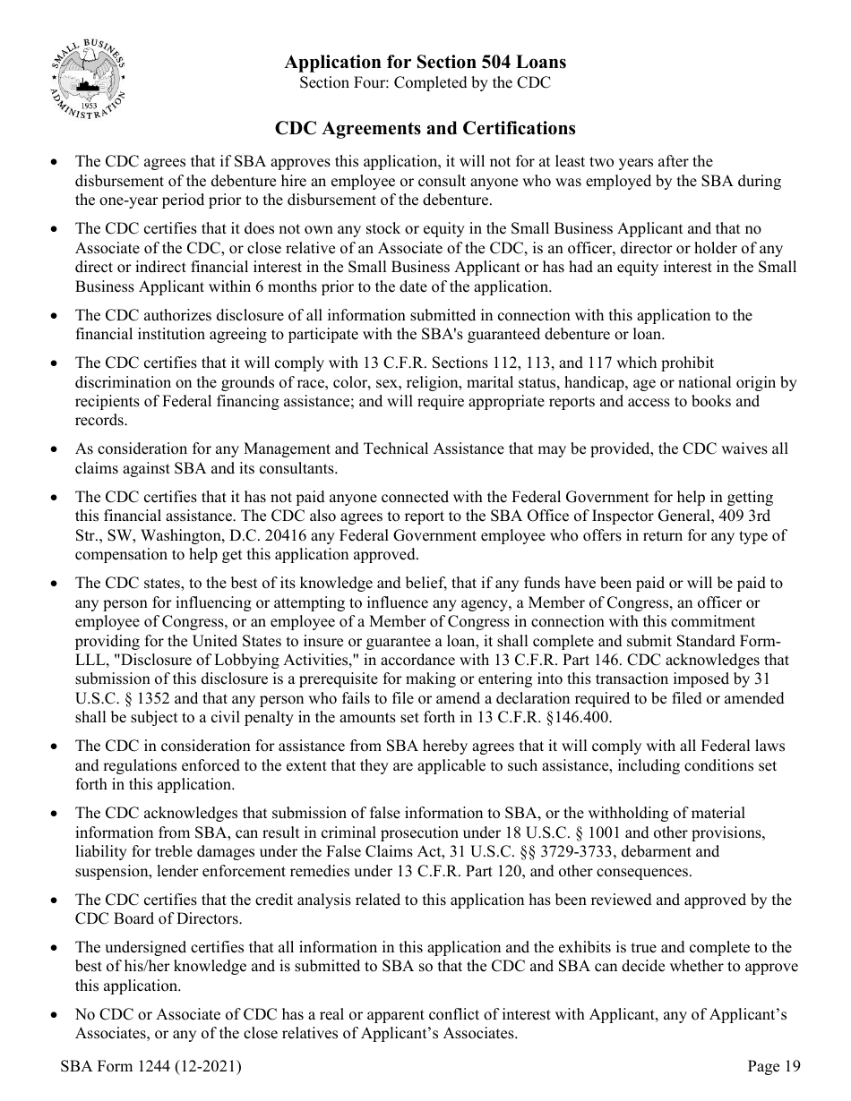 SBA Form 1244 Application for Section 504 Loans, Page 19
