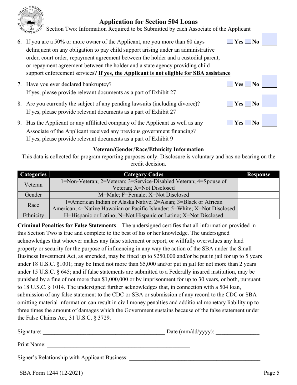 SBA Form 1244 Application for Section 504 Loans, Page 5