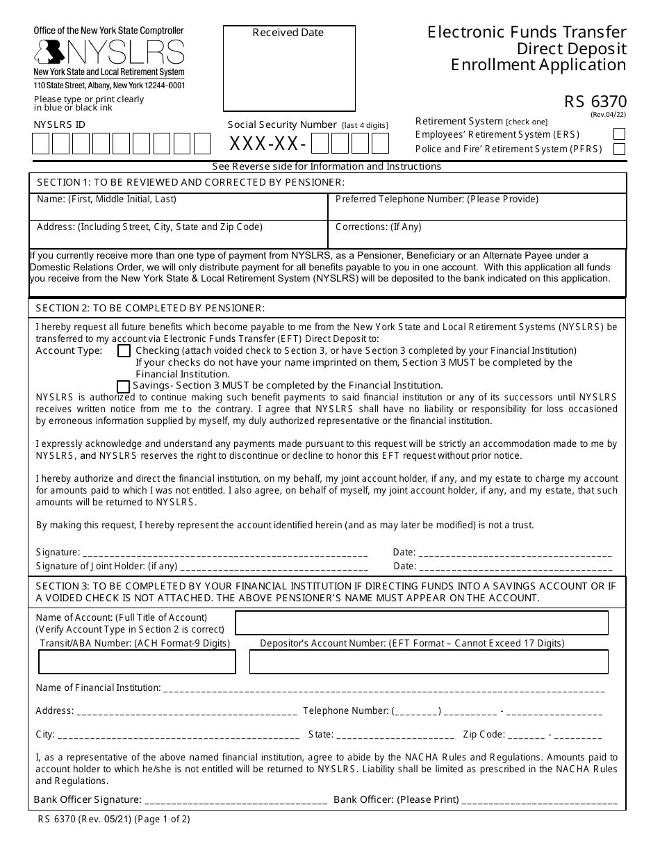 Form RS6370 Electronic Funds Transfer Direct Deposit Enrollment Application - New York, Page 1