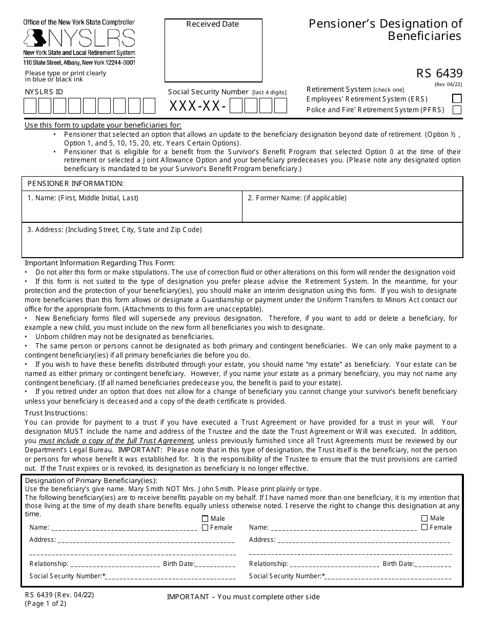 Form RS6439 Pensioner's Designation of Beneficiaries - New York, Page 1