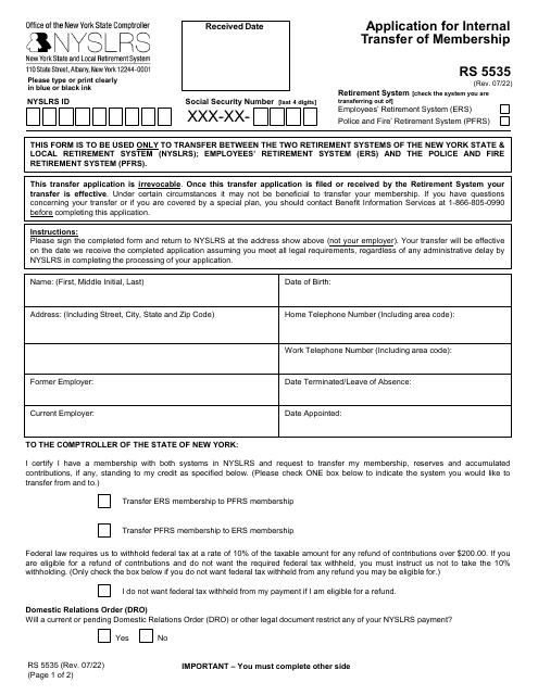 Form RS5535 Application for Internal Transfer of Membership - New York