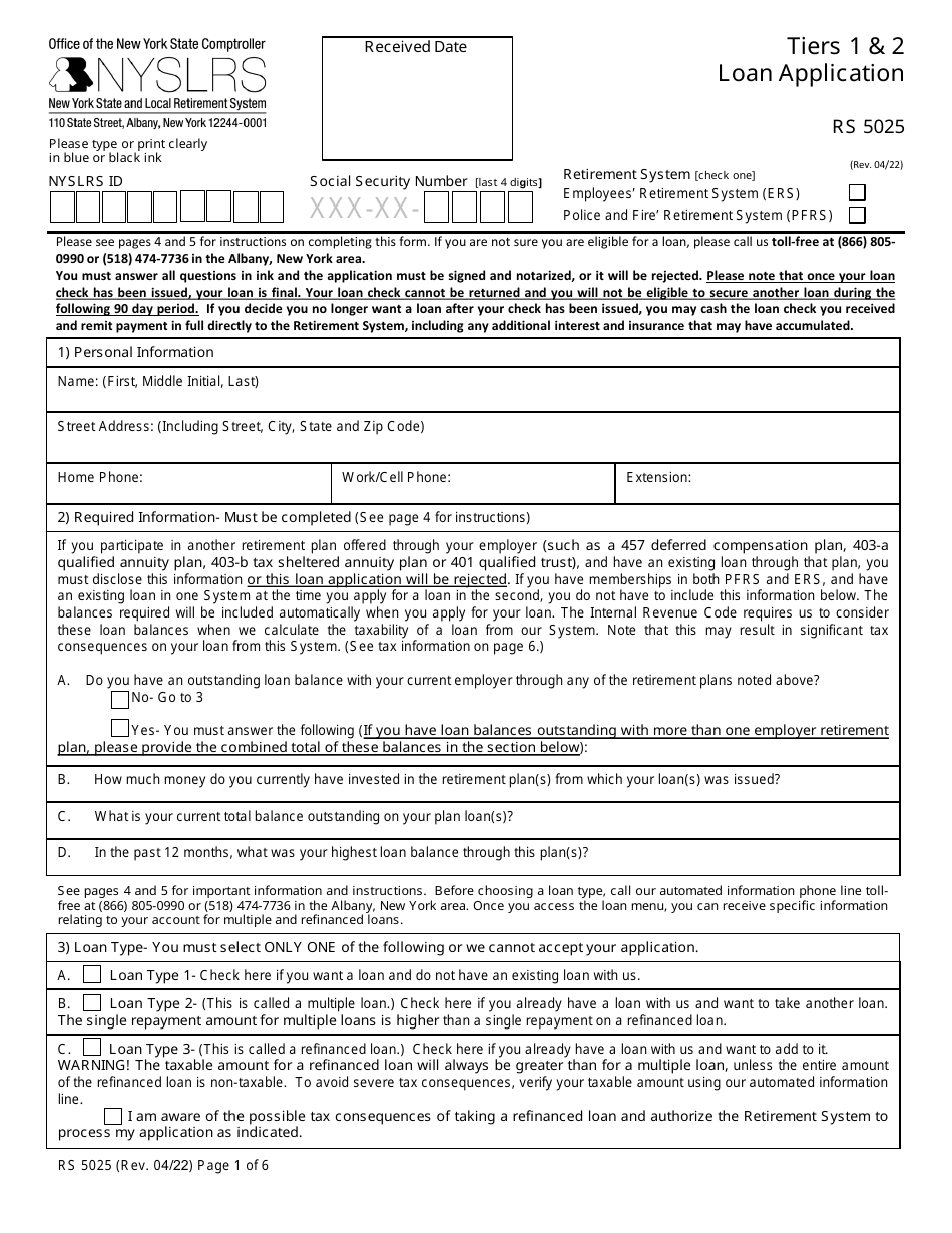 Form RS5025 Tiers 1  2 Loan Application - New York, Page 1