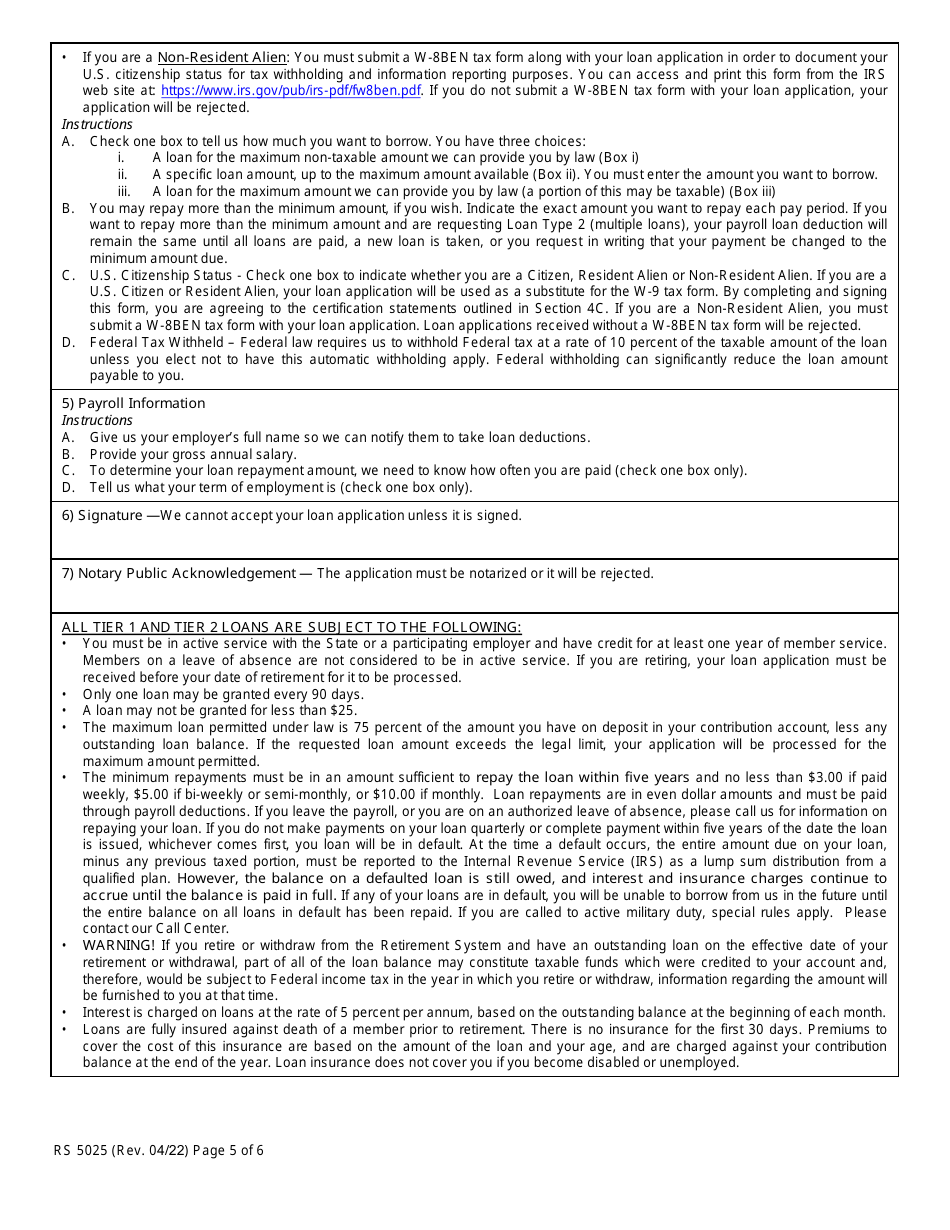 Form RS5025 Tiers 1  2 Loan Application - New York, Page 5