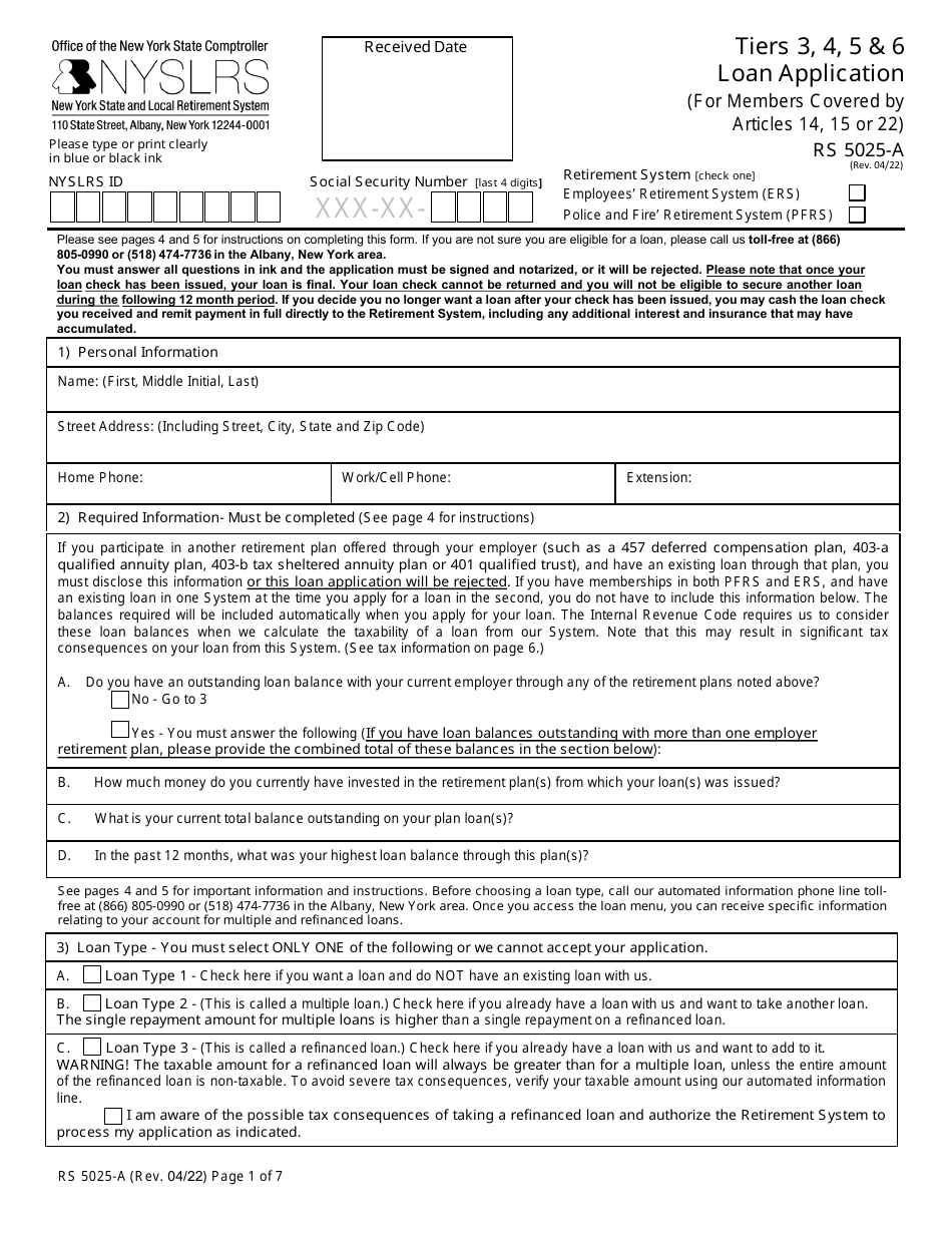 Form RS5025-A Tiers 3, 4, 5  6 Loan Application (For Members Covered by Articles 14, 15 or 22) - New York, Page 1