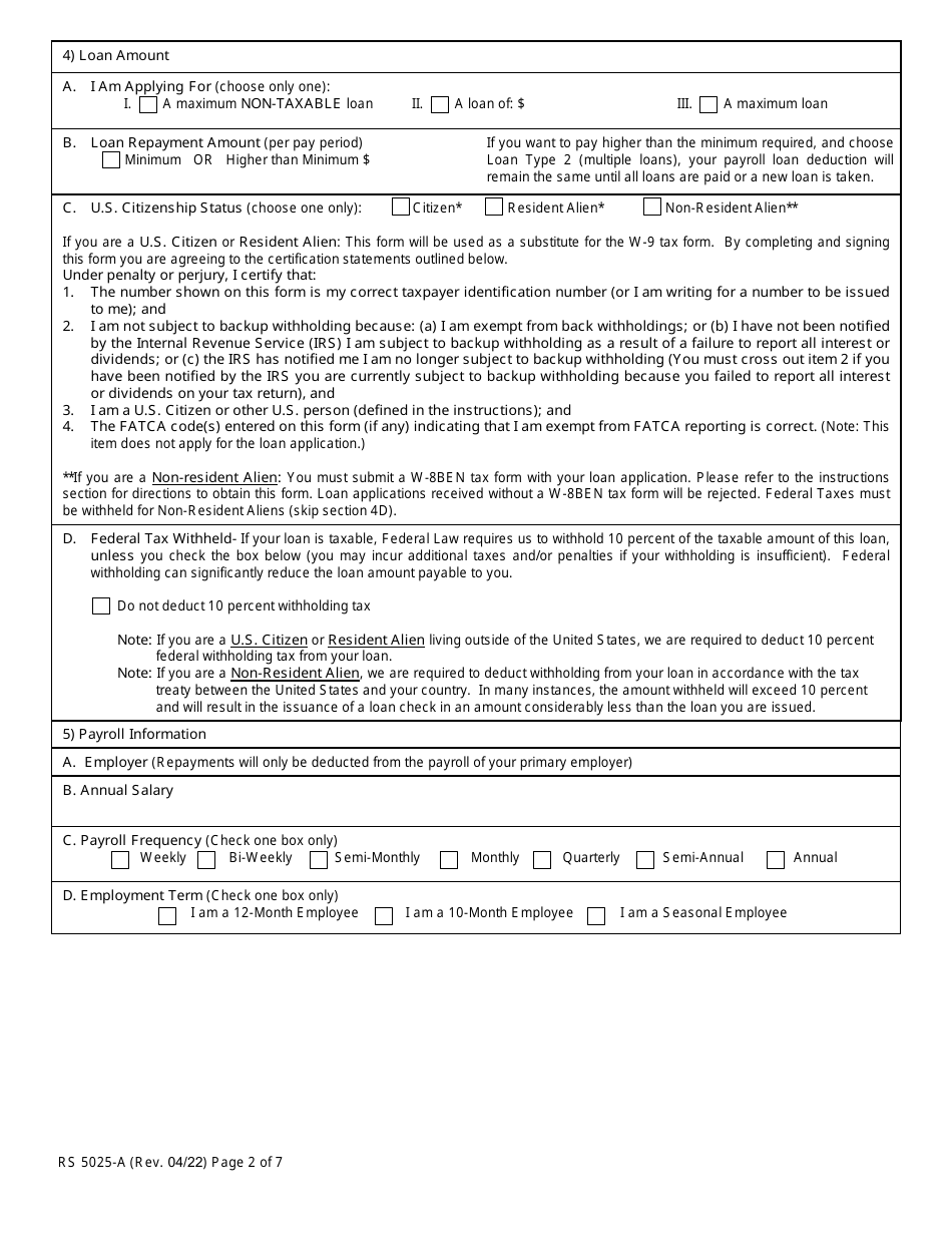 Form RS5025-A Tiers 3, 4, 5  6 Loan Application (For Members Covered by Articles 14, 15 or 22) - New York, Page 2