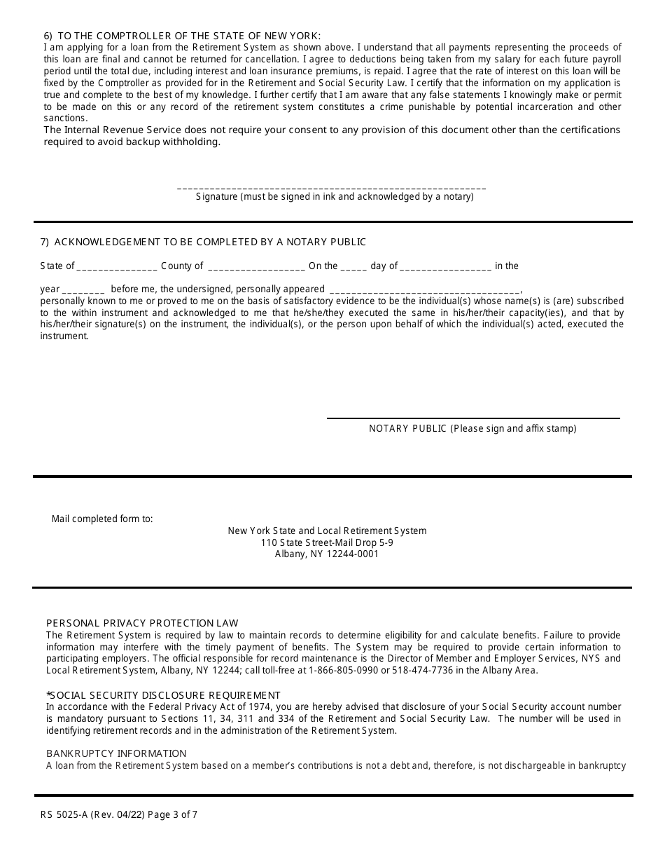 Form RS5025-A Tiers 3, 4, 5  6 Loan Application (For Members Covered by Articles 14, 15 or 22) - New York, Page 3