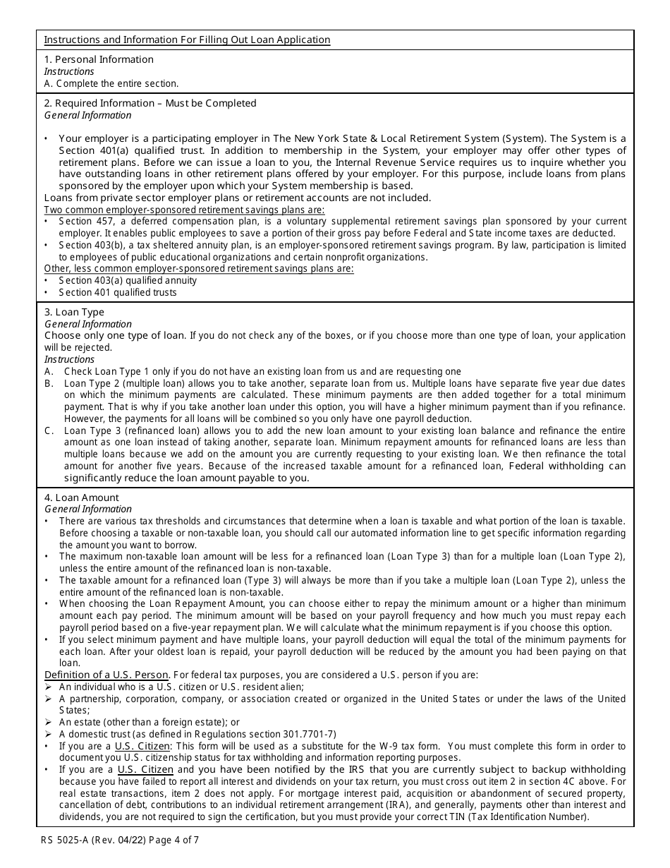 Form RS5025-A Tiers 3, 4, 5  6 Loan Application (For Members Covered by Articles 14, 15 or 22) - New York, Page 4