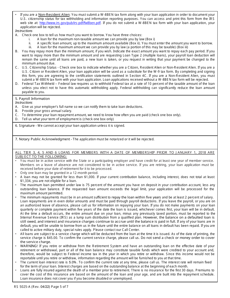Form RS5025-A Tiers 3, 4, 5  6 Loan Application (For Members Covered by Articles 14, 15 or 22) - New York, Page 5