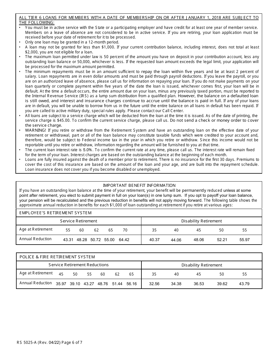 Form RS5025-A Tiers 3, 4, 5  6 Loan Application (For Members Covered by Articles 14, 15 or 22) - New York, Page 6