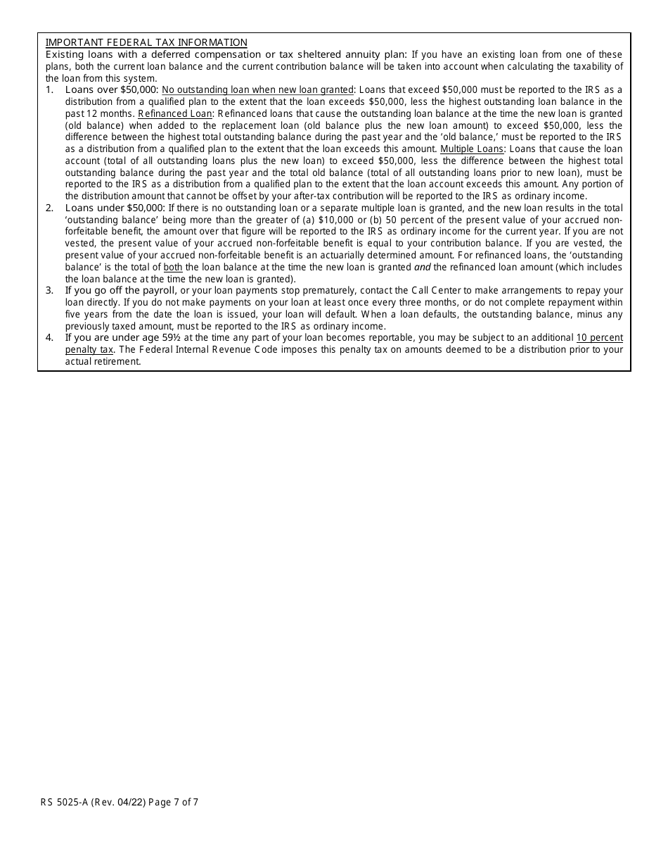 Form RS5025-A Tiers 3, 4, 5  6 Loan Application (For Members Covered by Articles 14, 15 or 22) - New York, Page 7