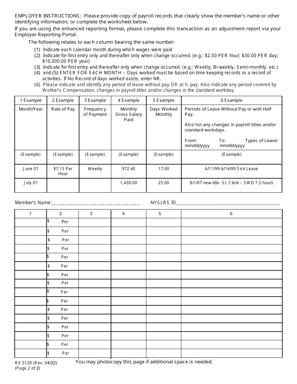 Form RS5120 Monthly Salary and Service Certification - New York, Page 2