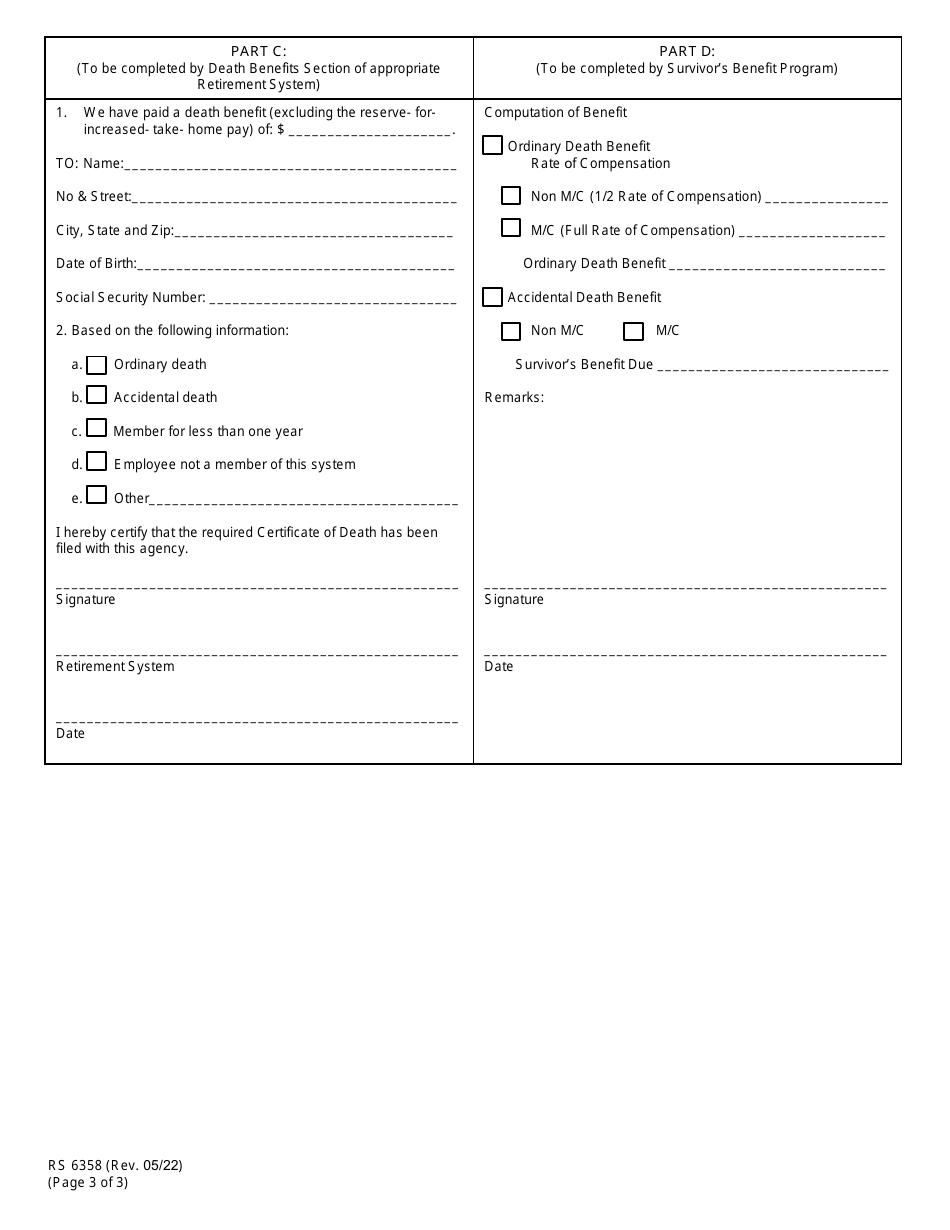 Form RS6358 Notification of Employees Death - Survivors Benefit Program - New York, Page 3