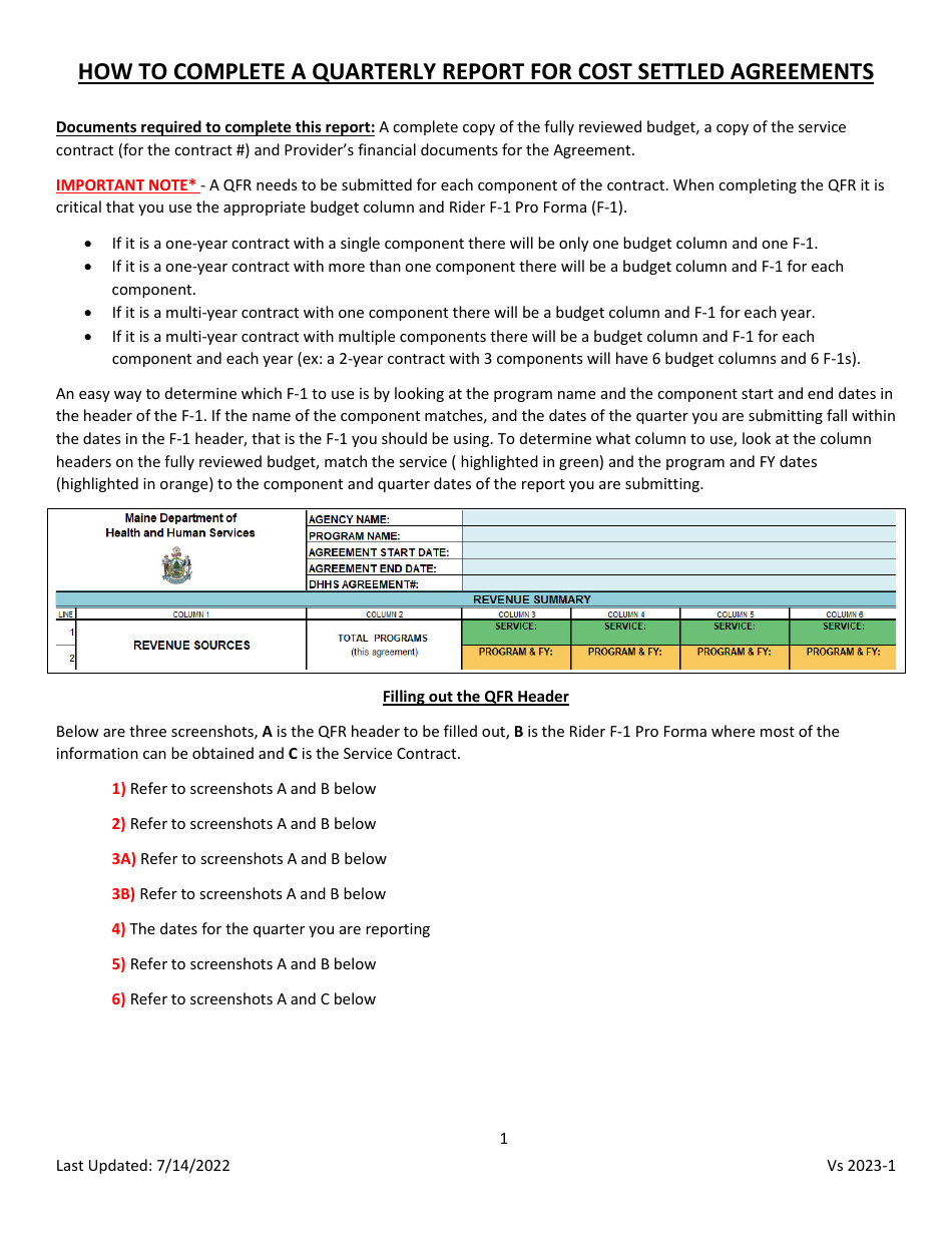 Instructions for Quarterly Report of Revenue and Expenses - Maine, Page 1