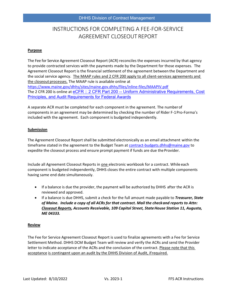 Instructions for Agreement Closeout Report - Fee-For-Service - Maine, Page 1