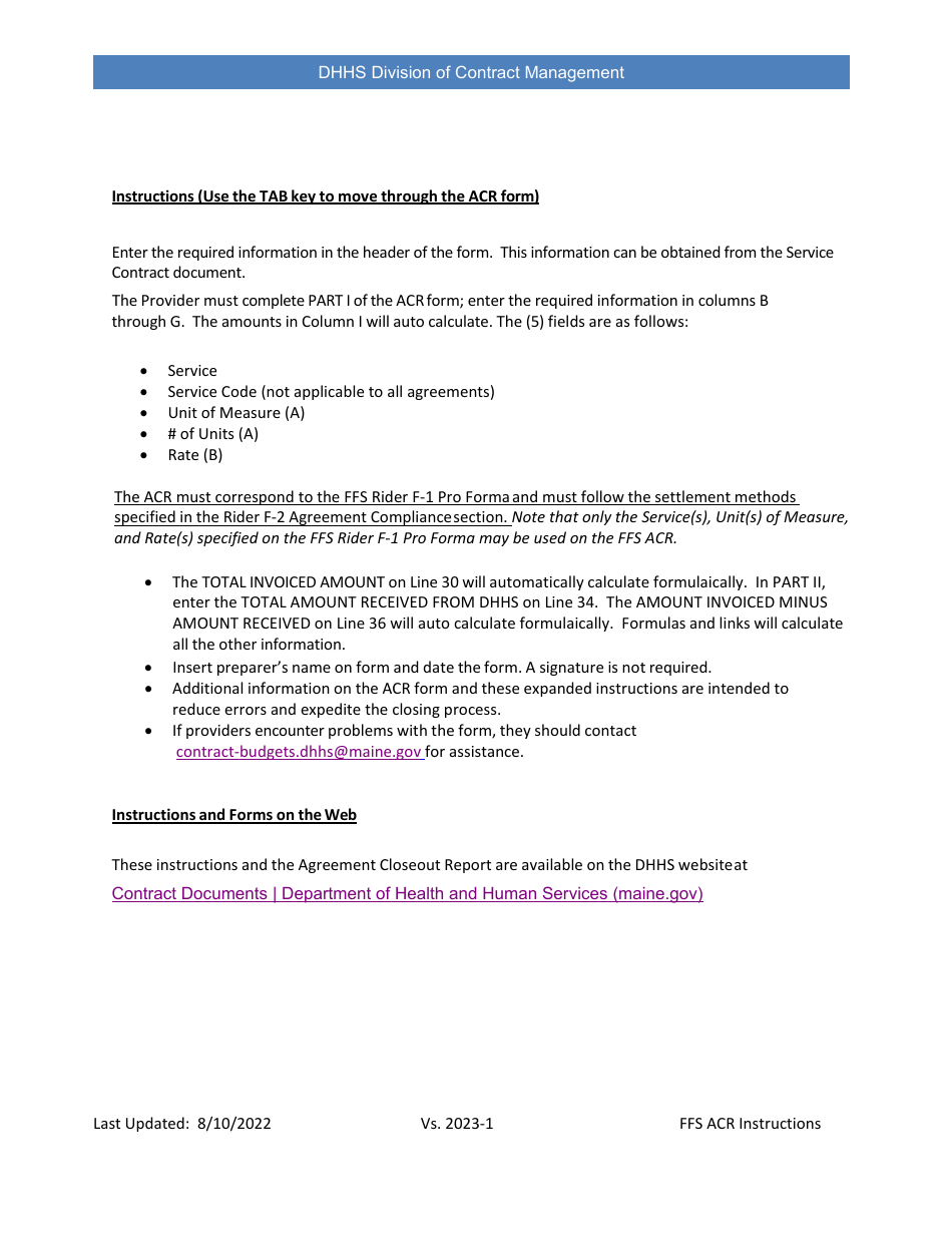 Instructions for Agreement Closeout Report - Fee-For-Service - Maine, Page 2
