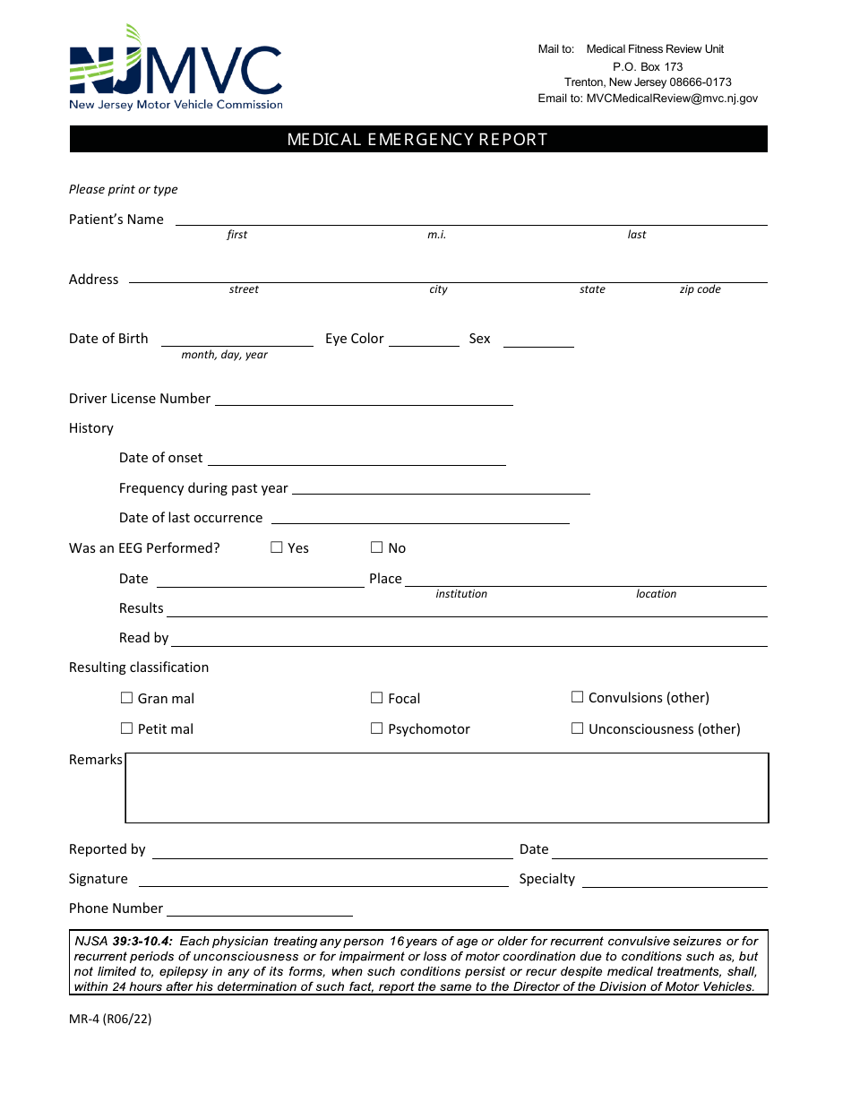 Form mr 4 download fillable pdf or fill online medical emergency report
