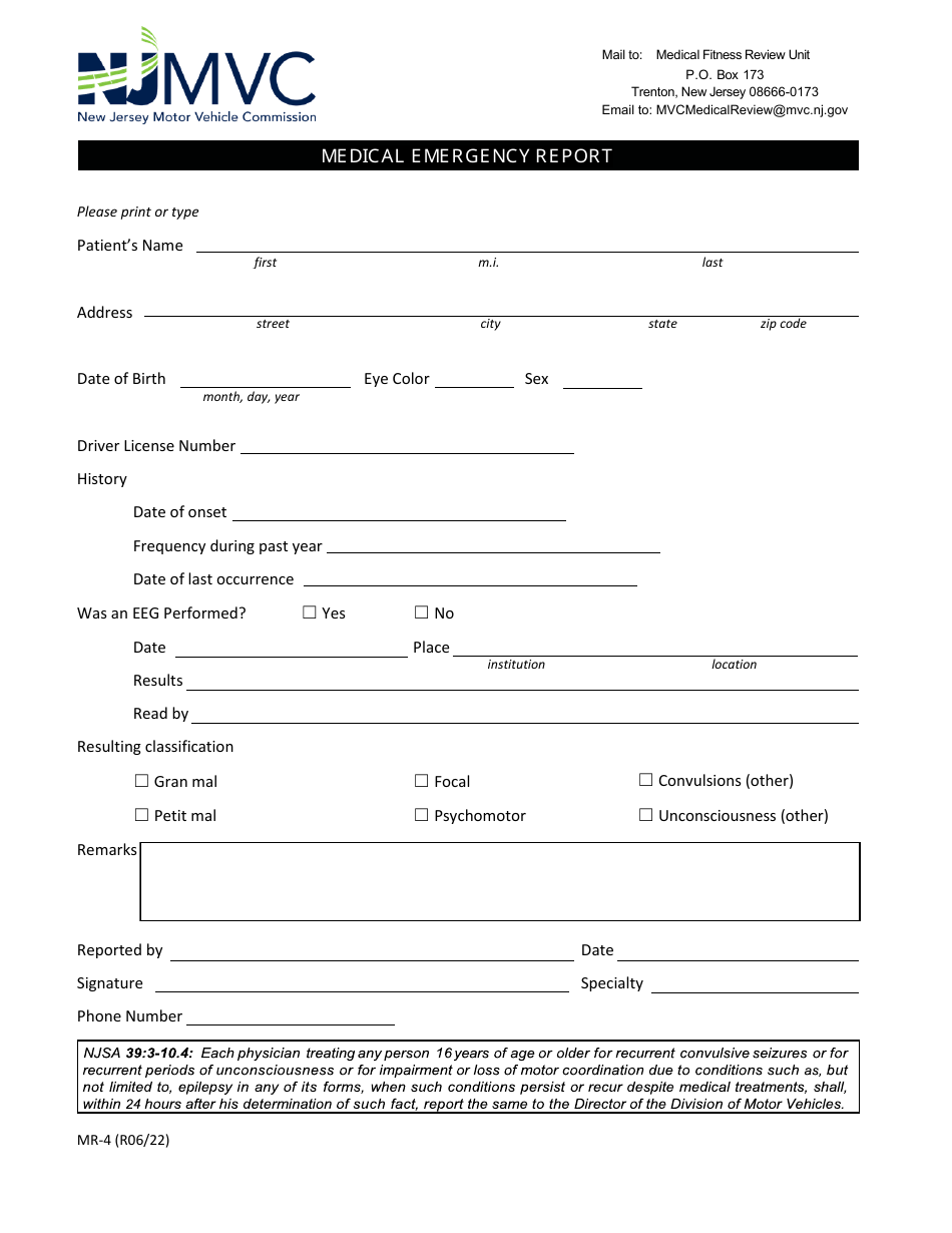 Form MR-4 Medical Emergency Report - New Jersey, Page 1