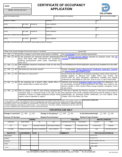 Certificate of Occupancy Application - City of Dallas, Texas