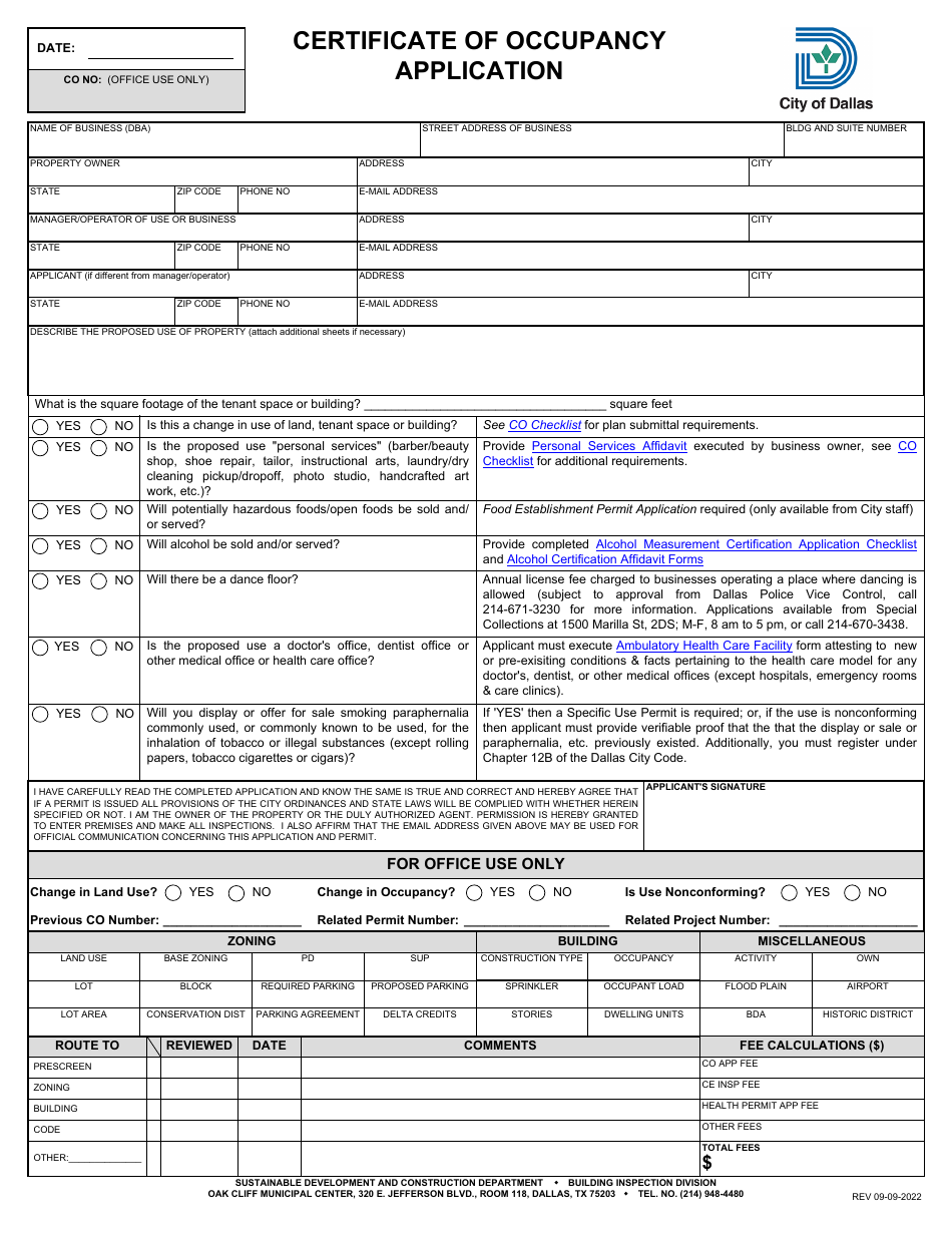 Certificate of Occupancy Application - City of Dallas, Texas, Page 1