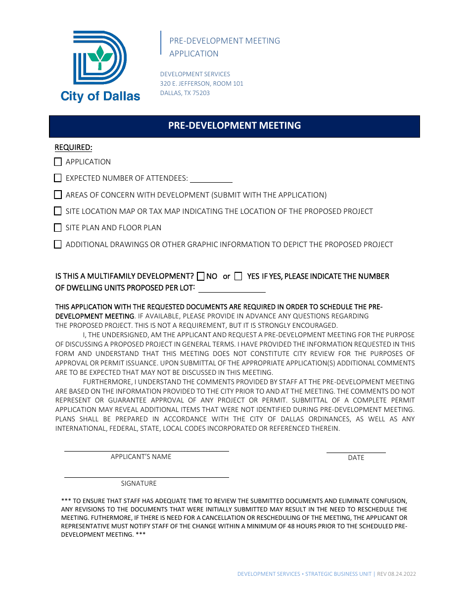 Pre-development Meeting Application - City of Dallas, Texas, Page 1