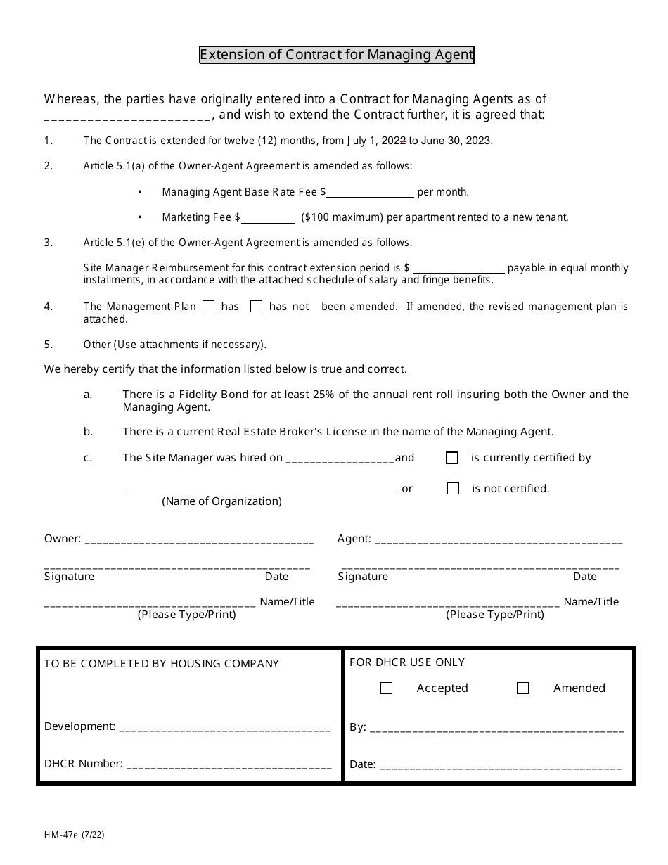 Form HM-47E Extension of Contract for Managing Agent - New York, Page 1
