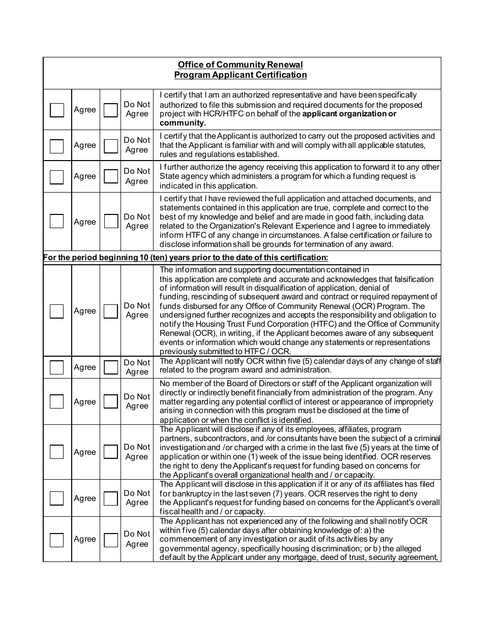 Program Applicant Certification - Office of Community Renewal - New York, Page 1