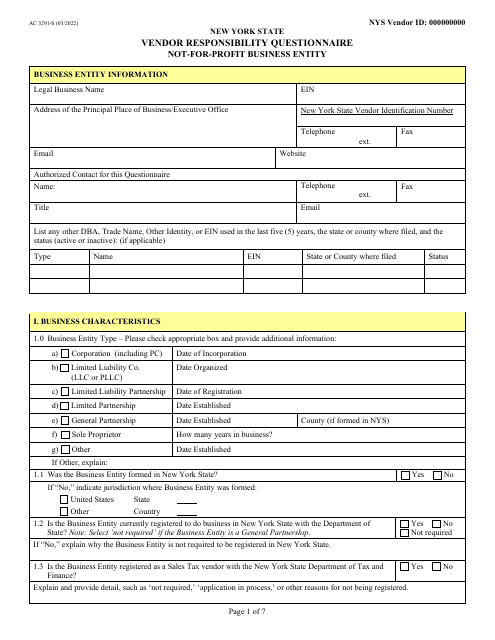 Form AC3291-S Vendor Responsibility Questionnaire - Not-For-Profit Business Entity - New York