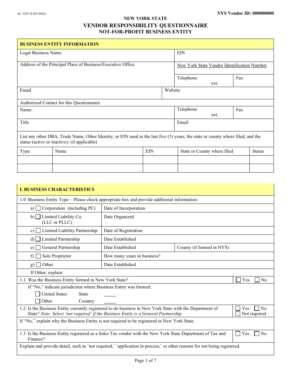 Form AC3291-S Vendor Responsibility Questionnaire - Not-For-Profit Business Entity - New York, Page 1