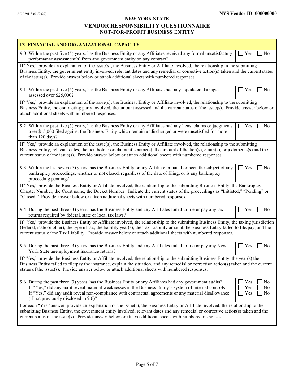 Form AC3291-S Vendor Responsibility Questionnaire - Not-For-Profit Business Entity - New York, Page 5