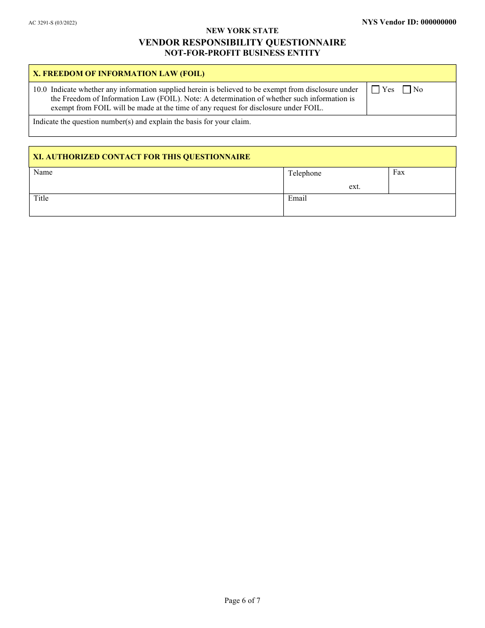 Form AC3291-S Vendor Responsibility Questionnaire - Not-For-Profit Business Entity - New York, Page 6