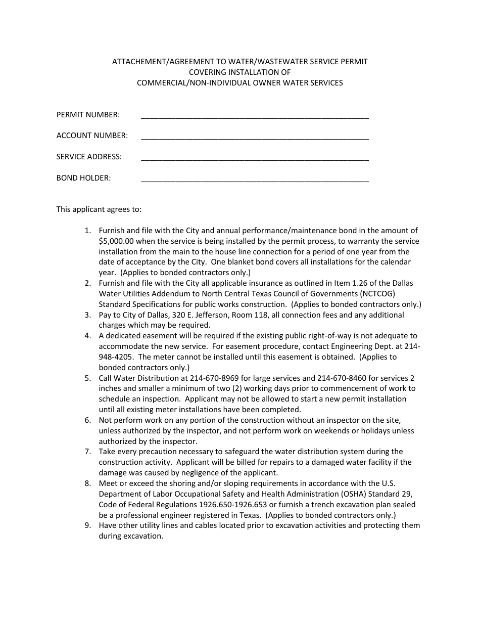 Attachement / Agreement to Water / Wastewater Service Permit Covering Installation of Commercial / Non-individual Owner Water Services - City of Dallas, Texas, Page 1