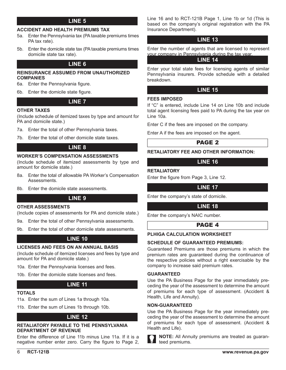 Form RCT-121B Gross Premiums Tax - Foreign Life or Foreign Title Insurance Companies - Pennsylvania, Page 10