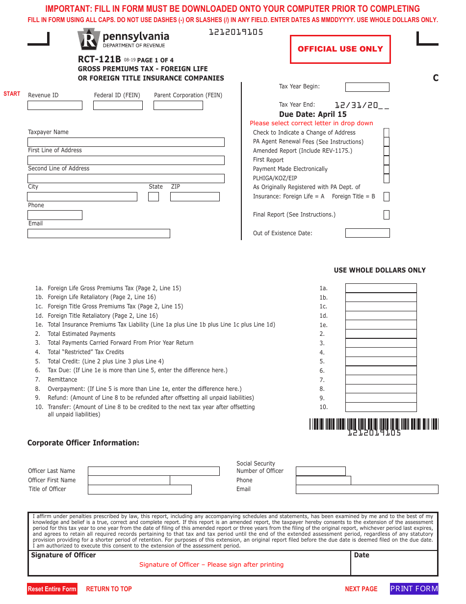 Form RCT-121B Gross Premiums Tax - Foreign Life or Foreign Title Insurance Companies - Pennsylvania, Page 1