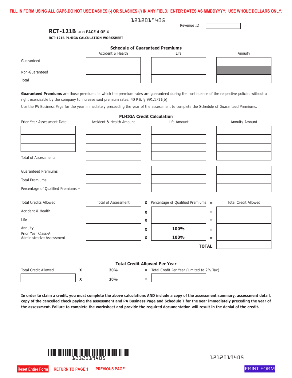 Form RCT-121B Gross Premiums Tax - Foreign Life or Foreign Title Insurance Companies - Pennsylvania, Page 4