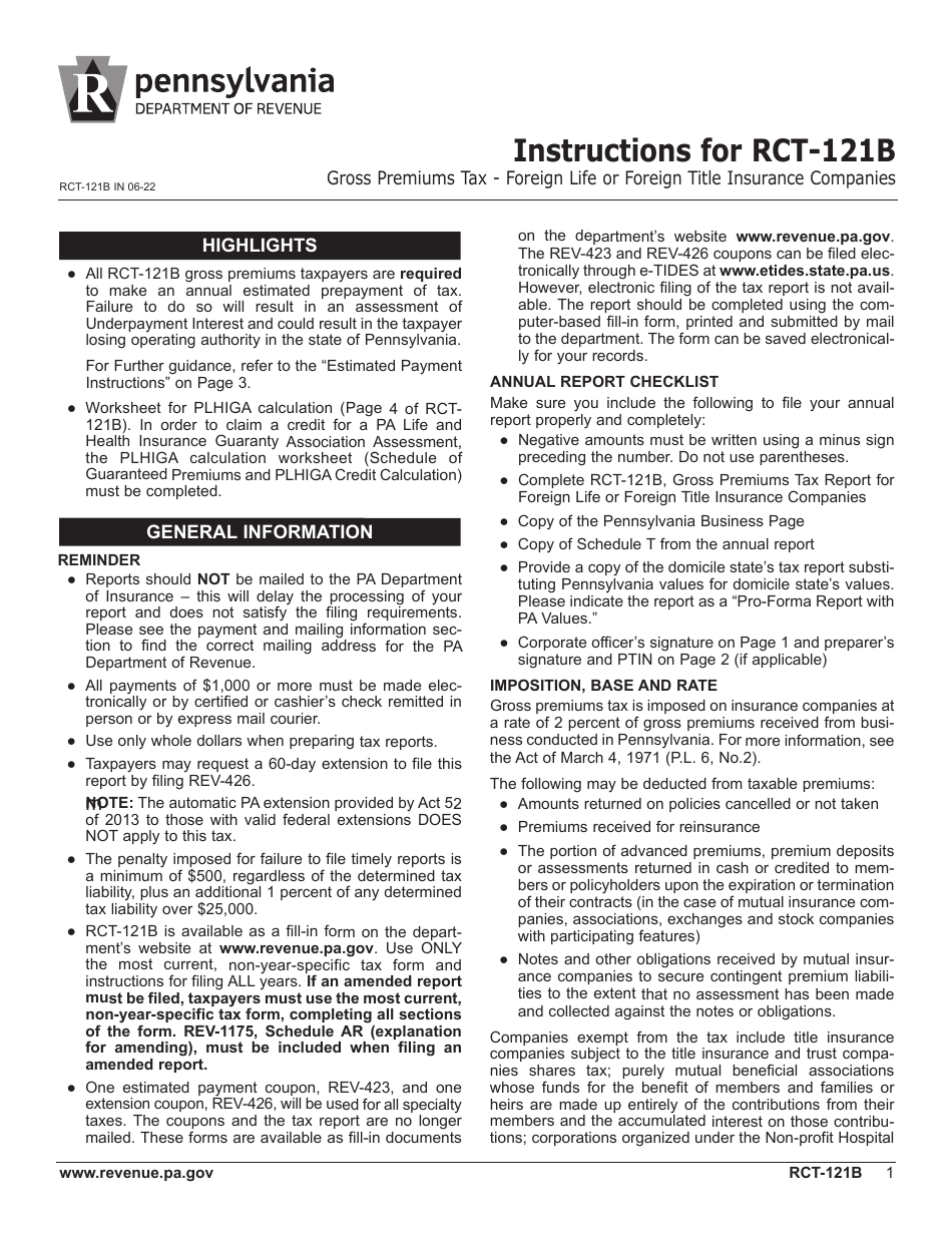 Form RCT-121B Gross Premiums Tax - Foreign Life or Foreign Title Insurance Companies - Pennsylvania, Page 5