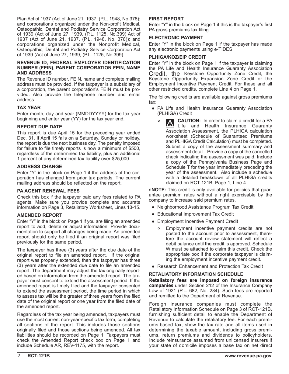 Form RCT-121B Gross Premiums Tax - Foreign Life or Foreign Title Insurance Companies - Pennsylvania, Page 6