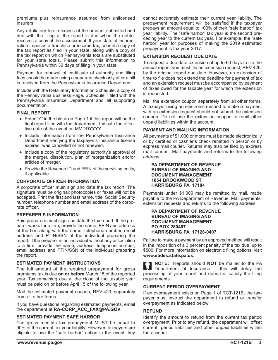 Form RCT-121B Gross Premiums Tax - Foreign Life or Foreign Title Insurance Companies - Pennsylvania, Page 7
