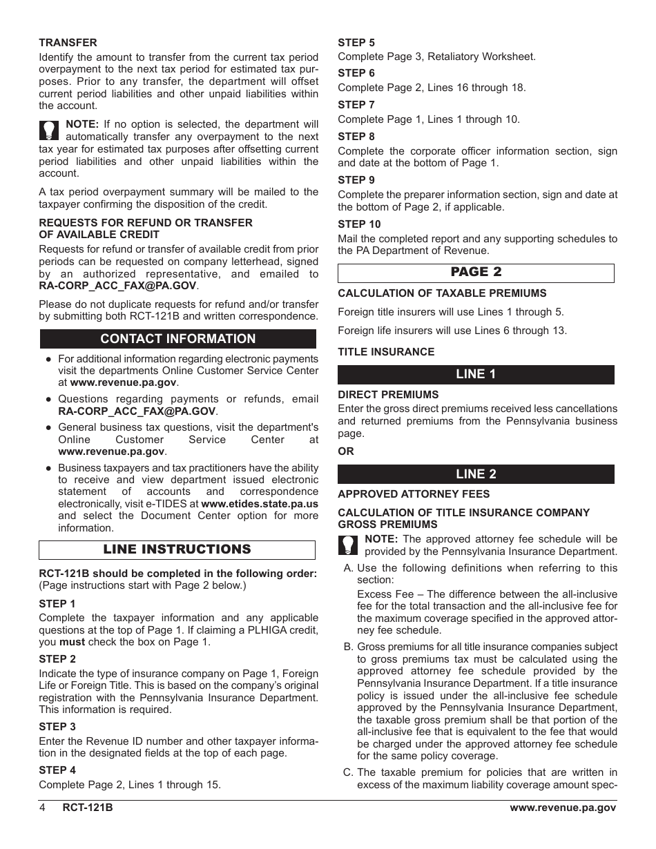 Form RCT-121B Gross Premiums Tax - Foreign Life or Foreign Title Insurance Companies - Pennsylvania, Page 8