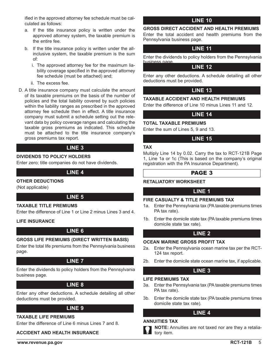 Form RCT-121B Gross Premiums Tax - Foreign Life or Foreign Title Insurance Companies - Pennsylvania, Page 9