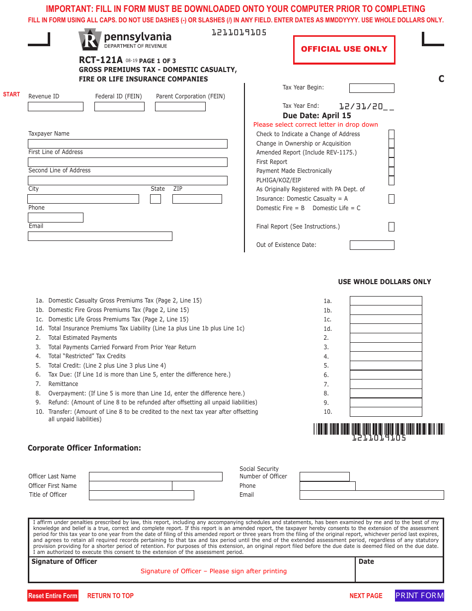Form RCT-121A Gross Premiums Tax - Domestic Casualty, Fire or Life Insurance Companies - Pennsylvania, Page 1