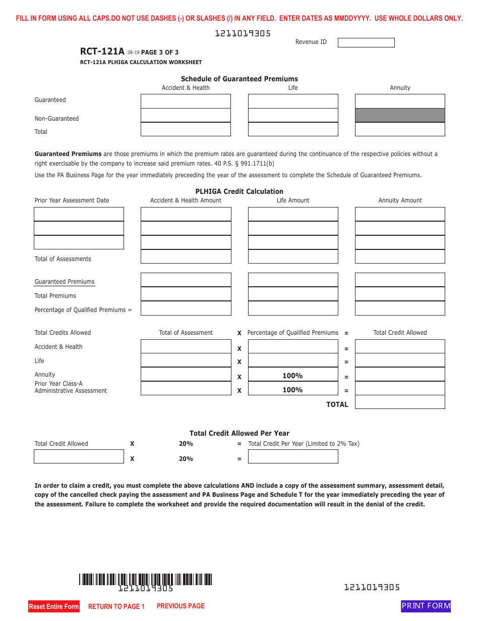 Form RCT-121A Gross Premiums Tax - Domestic Casualty, Fire or Life Insurance Companies - Pennsylvania, Page 3